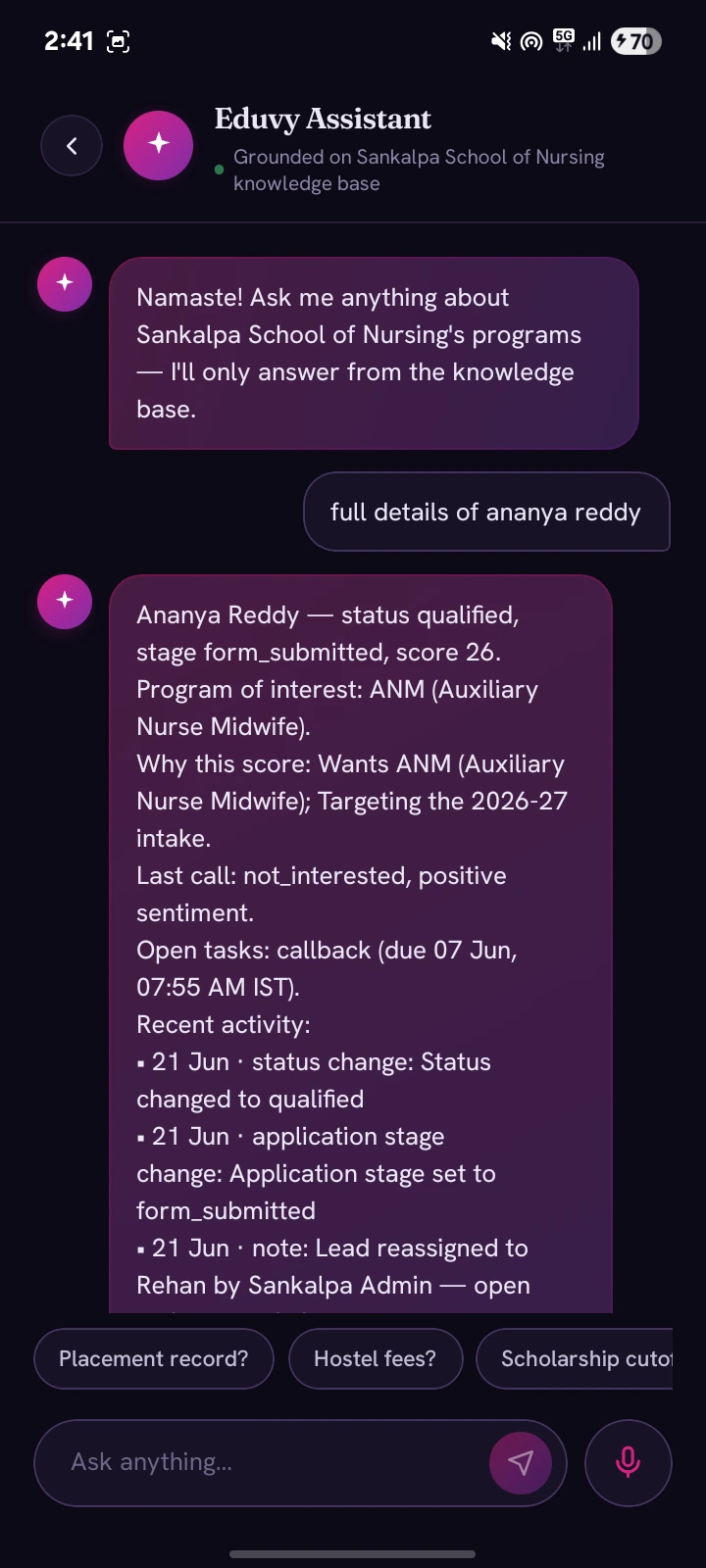 Ask AI — the Eduvy Assistant grounded answer with the green Grounded chip