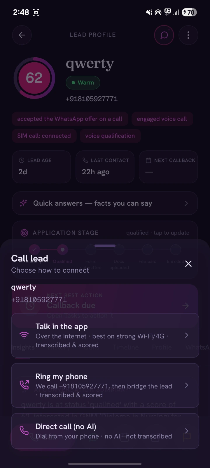 Tap Call — AVA offers three routes: Normal, Talk in the app, Ring my phone