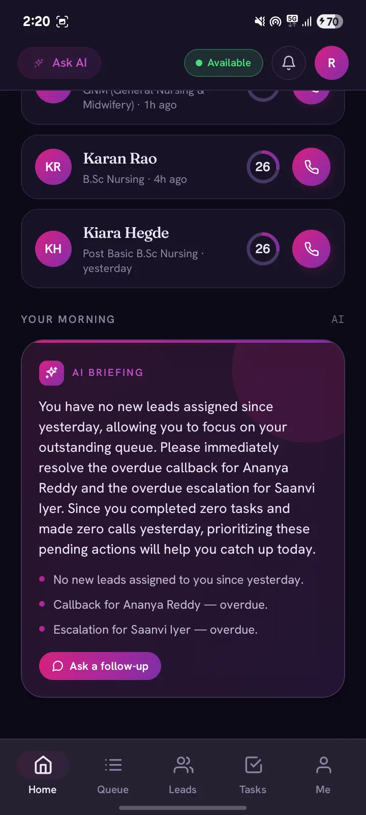 Today — AI briefing, hot-lead card, callbacks and score-ranked hot leads