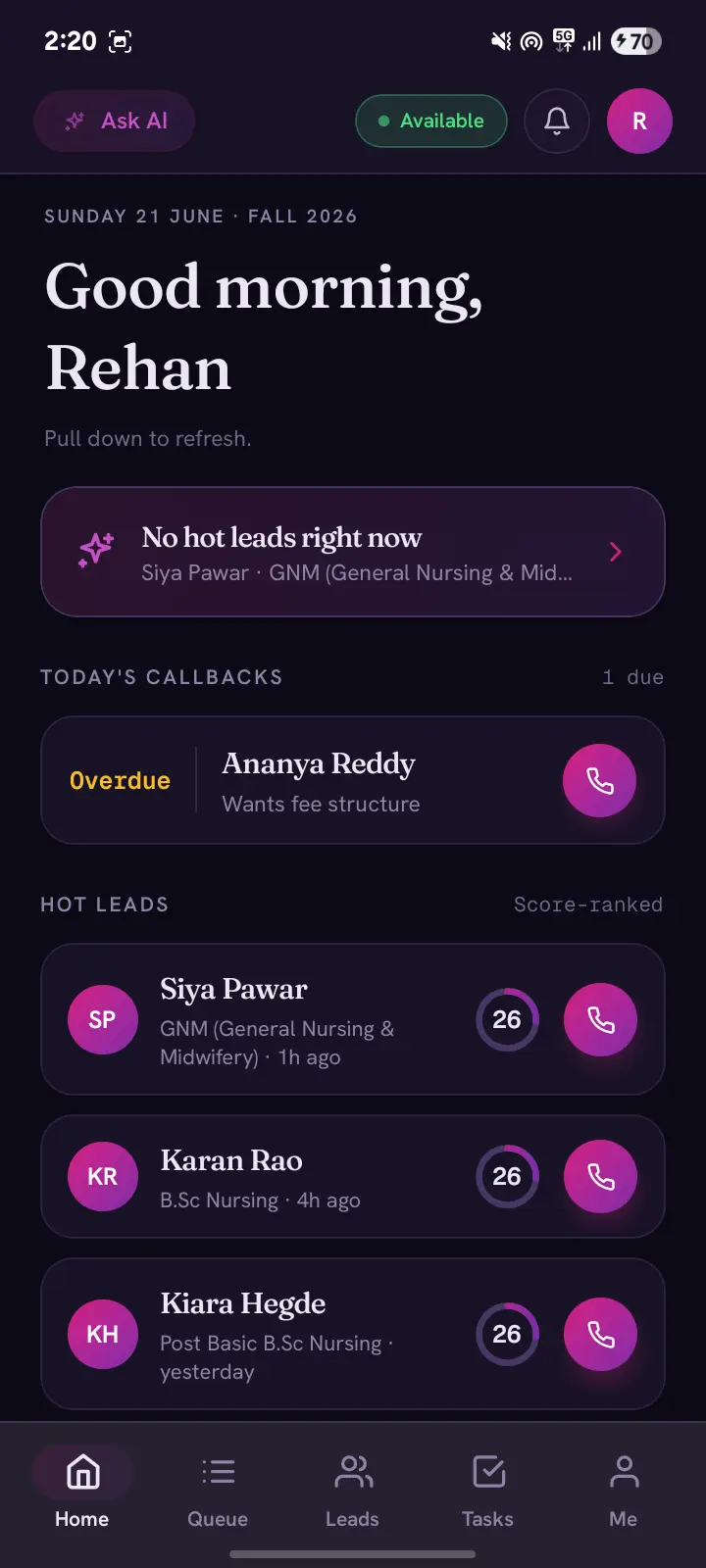Today — an AI briefing, hot-lead card and score-ranked leads