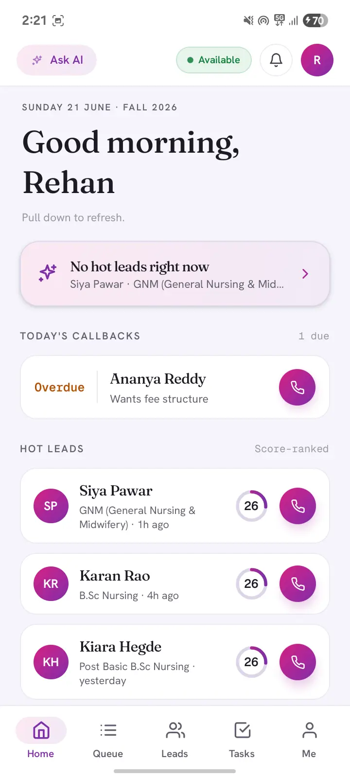 Today — an AI briefing, hot-lead card and score-ranked leads