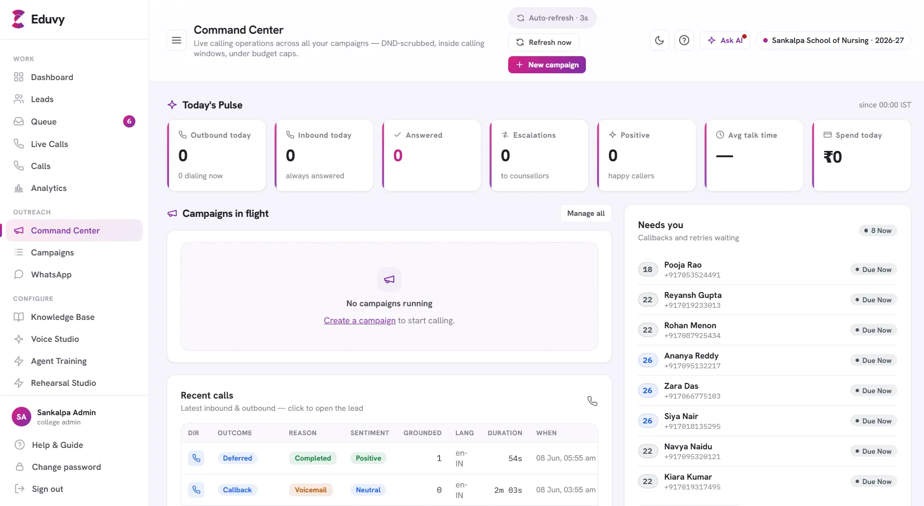 Command Center — live dialer ops, calls in flight, per-CLI number health